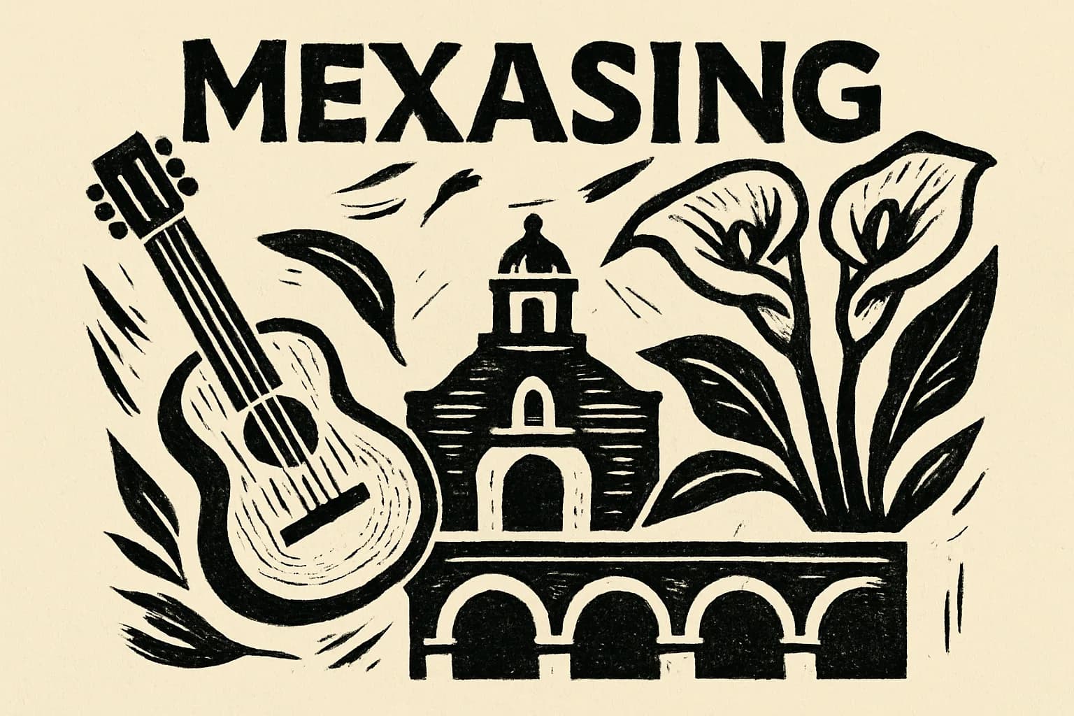 Grabado mexicano: guitarra, alcatraces y arcos de plaza.