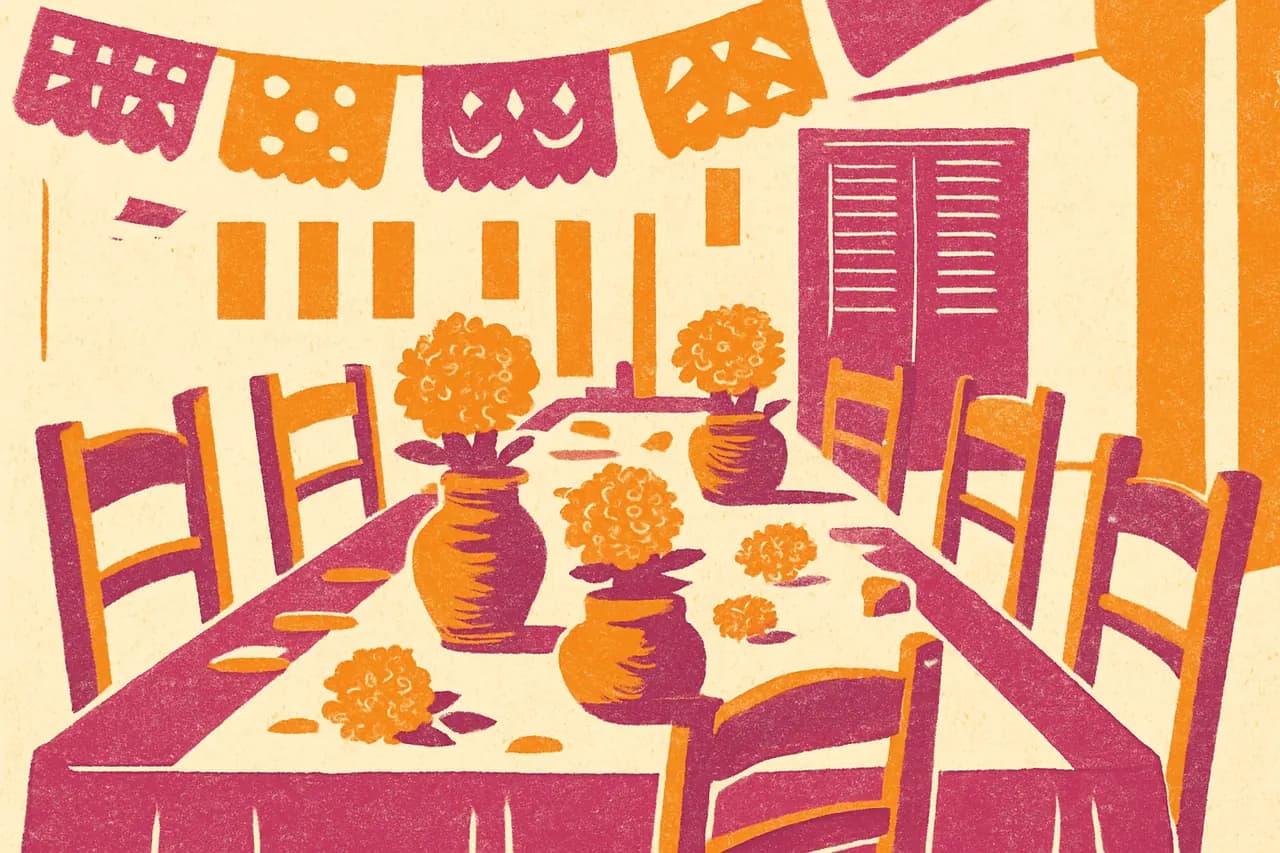 Mesa larga lista para una reunión, con papel picado y cempasúchil.