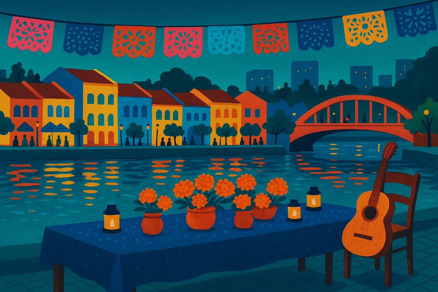 An evening gathering by the Singapore River, with papel picado, marigolds and a guitar.