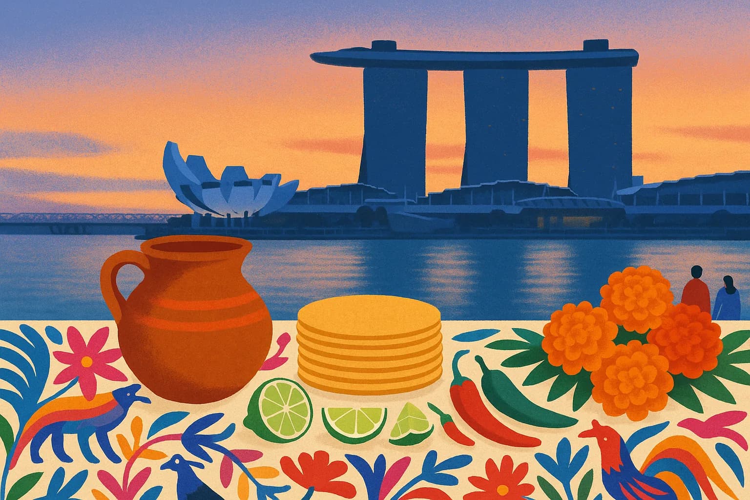 Singapore Marina Bay at dusk and a Mexican table: clay pot, tortillas, limes, chillies and marigolds.