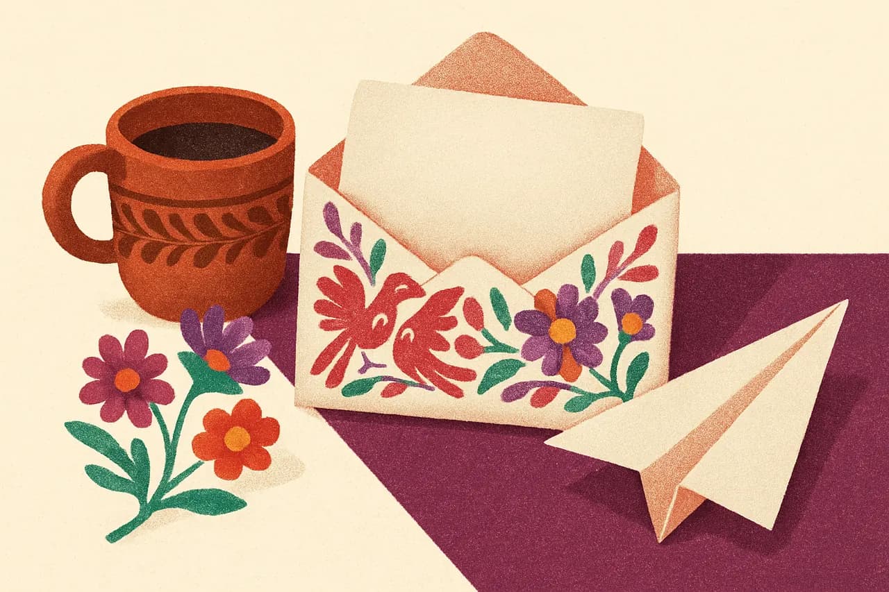 Embroidered envelope with a letter, a cup of coffee and a paper plane.