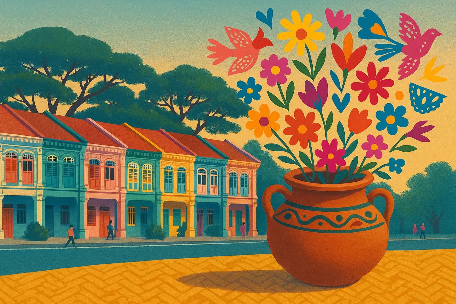 Una olla mexicana se abre en flores Tenango y pájaros de papel picado frente a casas tradicionales de Singapur.