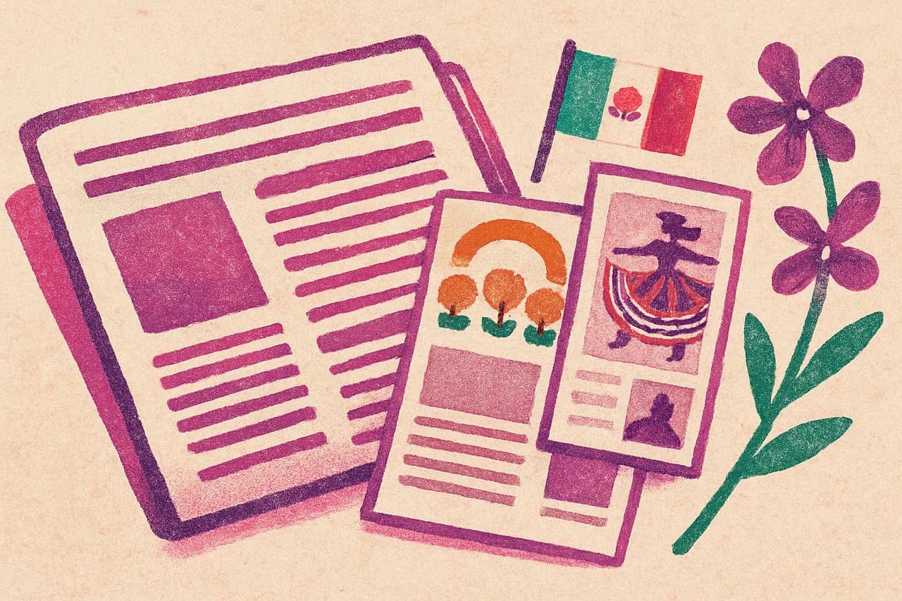 Periódico y recortes de prensa con un altar de muertos y una bailarina folklórica, junto a una bandera de México y una orquídea.