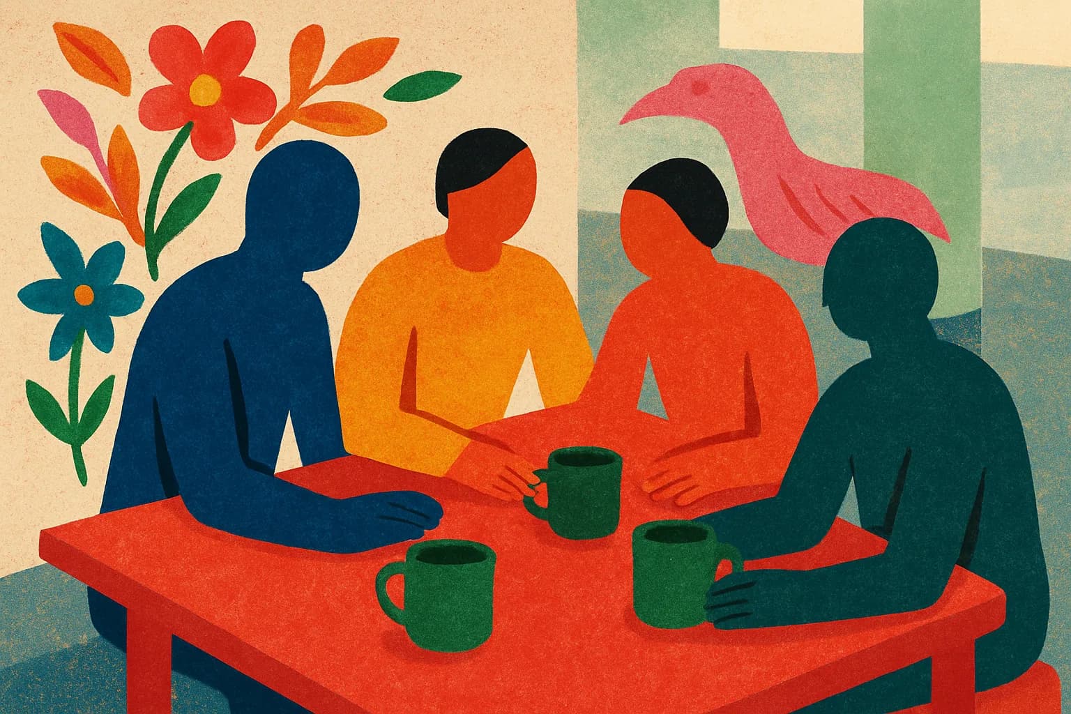 Personas reunidas alrededor de una mesa compartida con tazas y flores Tenango.