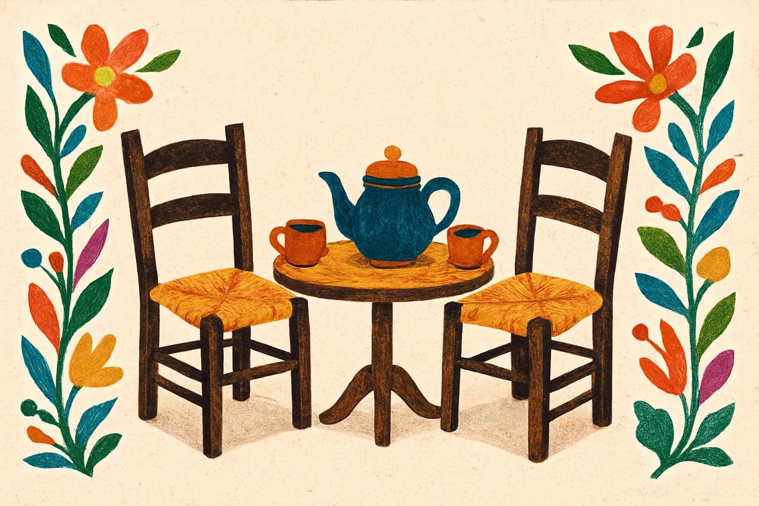 Dos sillas frente a frente con tetera y tazas, entre bordados Otomí.