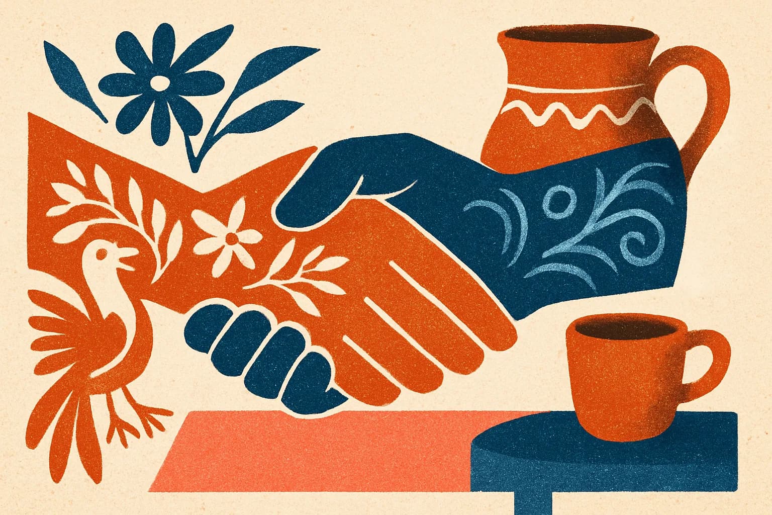 Apretón de manos con motivos folk junto a un jarro y una taza.