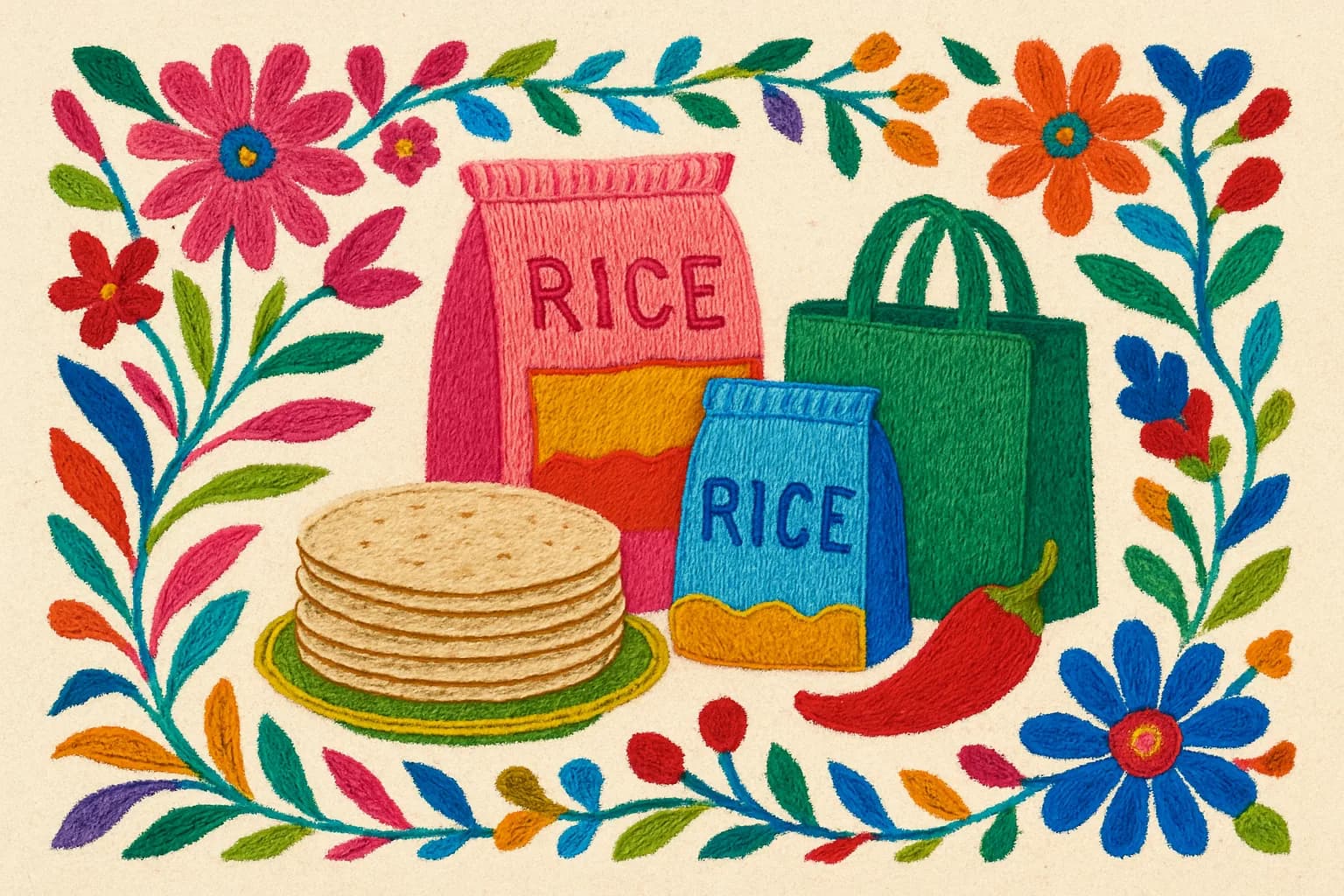 Diaspora pantry: tortillas, rice and chilli with a Tenango border.